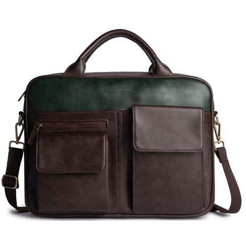 B-310 Leather Unisex Executive Laptop Bag - Color: Tan And Dark Olive Green