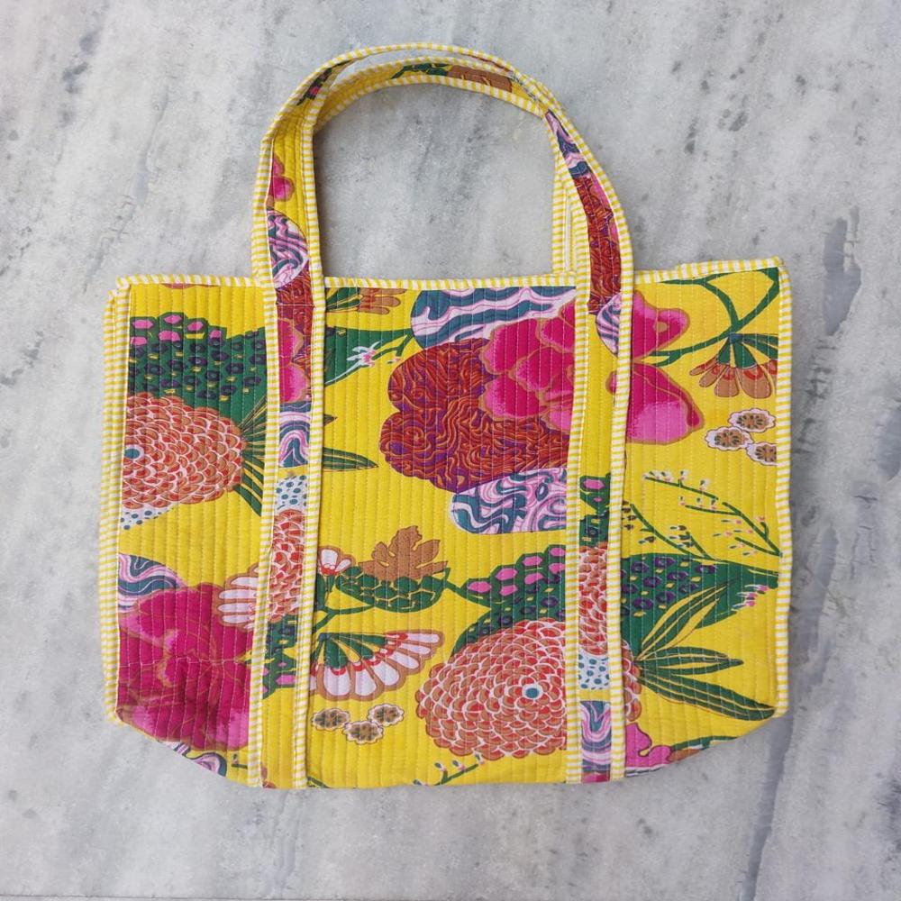 Yellow Printed Quilted Tote Bag with zip