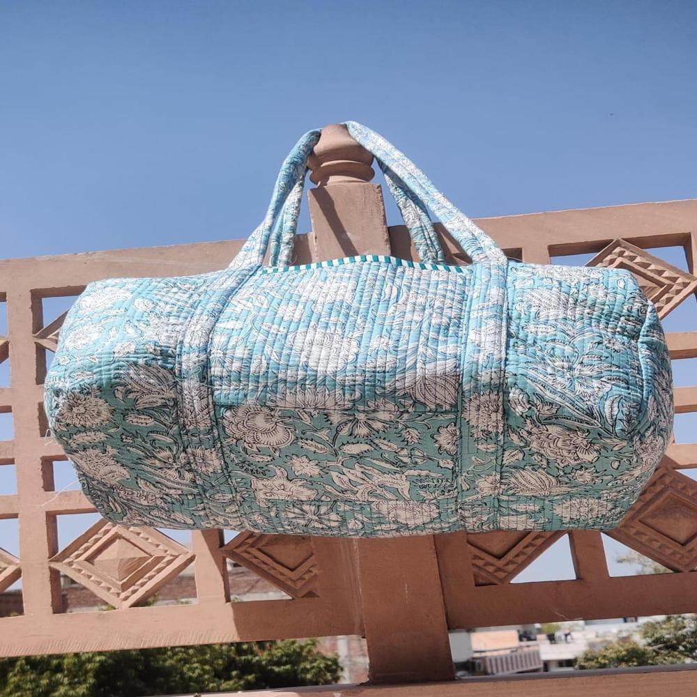 Sky Blue floral Printed Duffel Bag with concealed zip