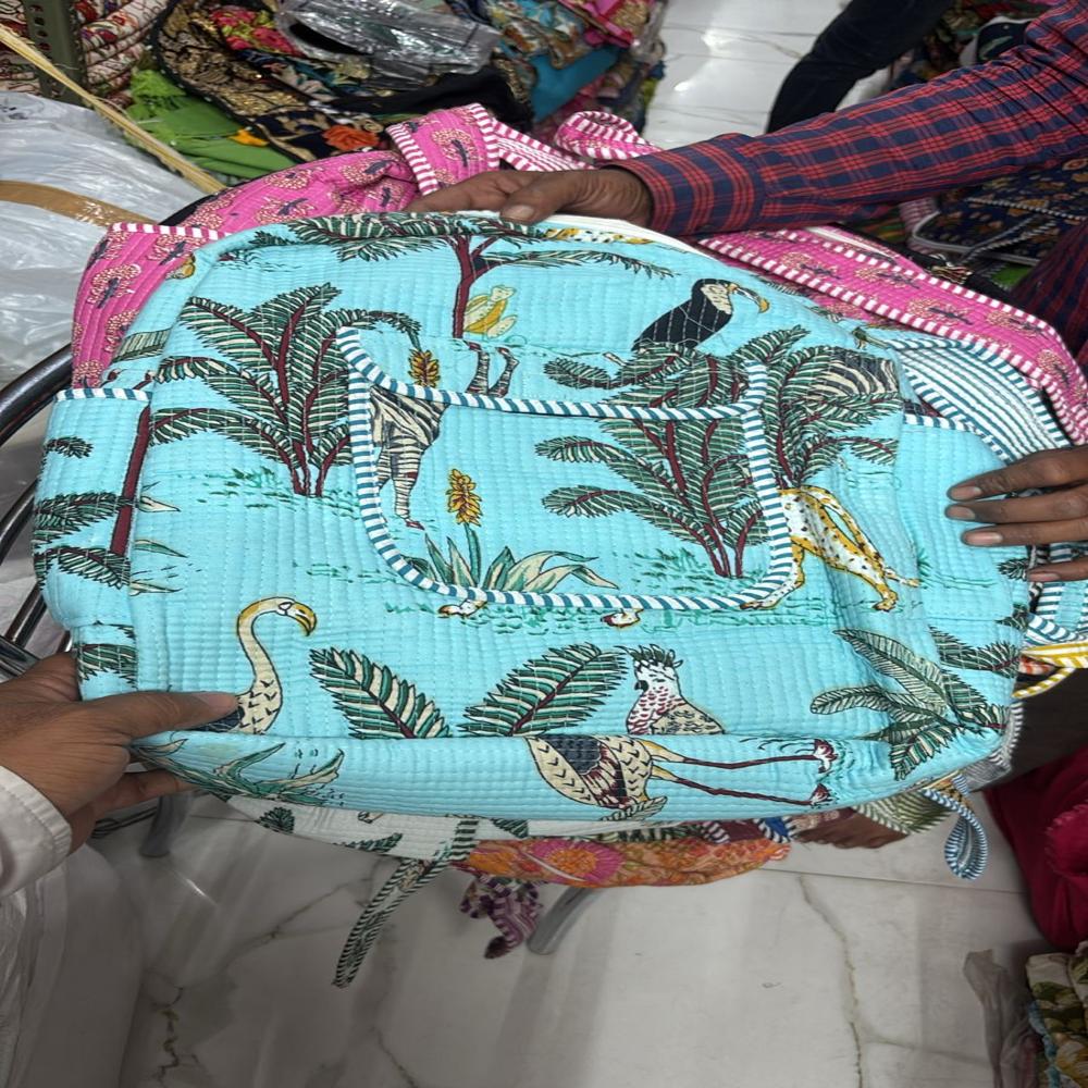 Teal blue backpack bag stylish floral printed with zip