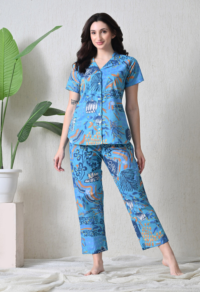 Blue Floral Cotton Printed Night Suit - Gender: Female