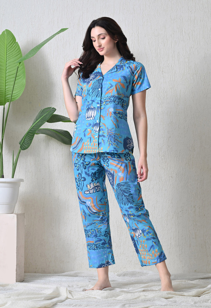 Blue Floral Cotton Printed Night Suit