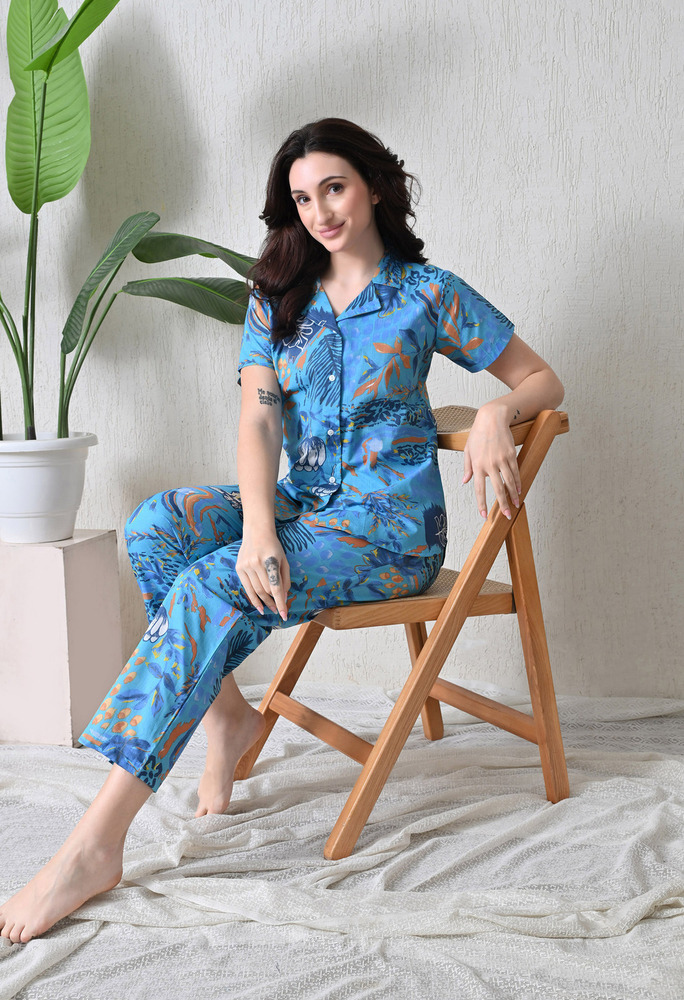 Blue Floral Cotton Printed Night Suit