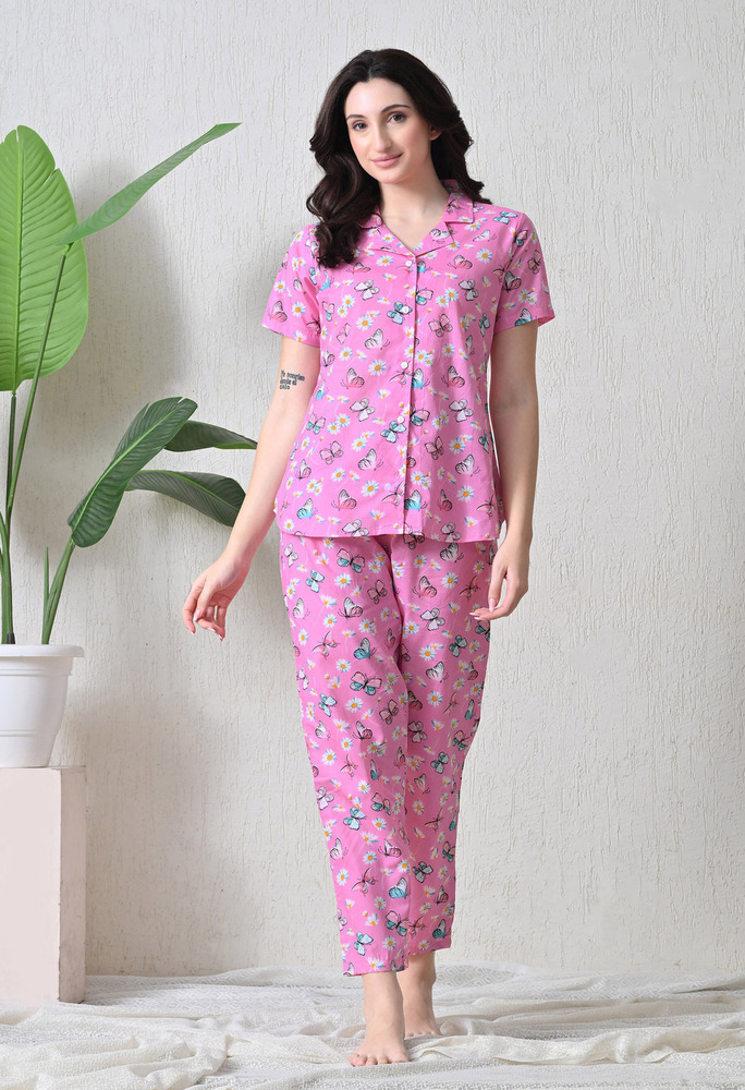 Pink Butterfly Cotton Night Suit