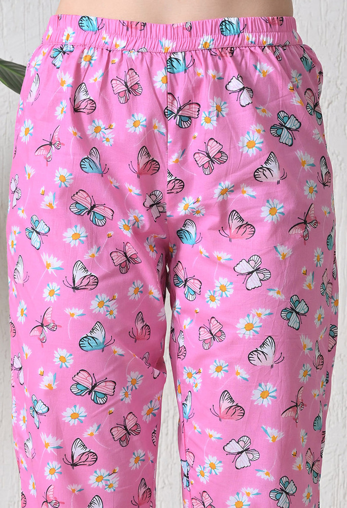 Pink Butterfly Cotton Night Suit