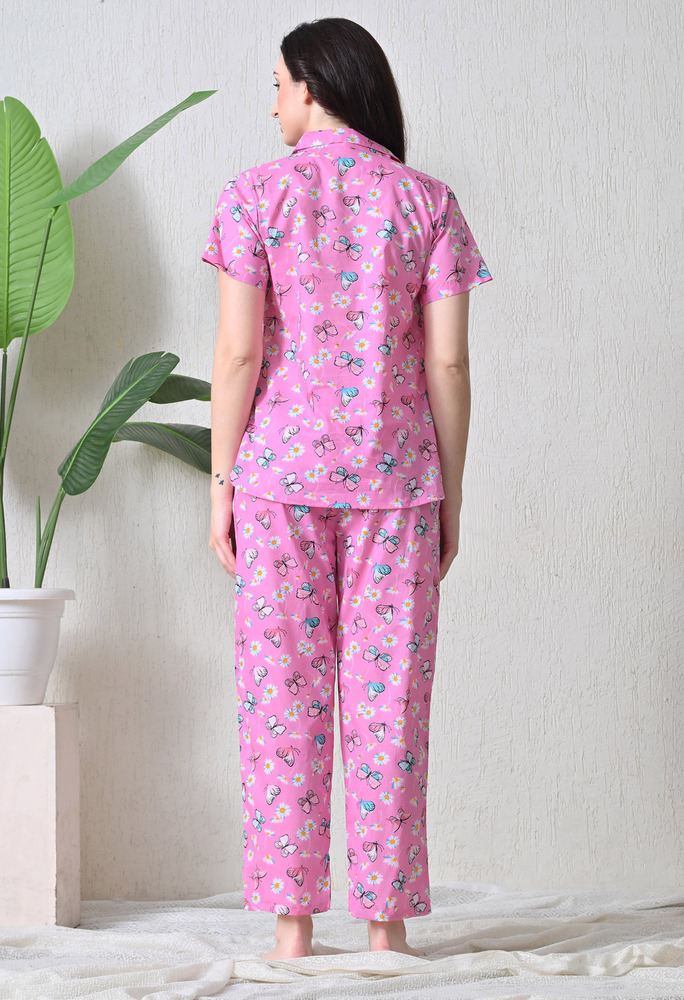 Pink Butterfly Cotton Night Suit