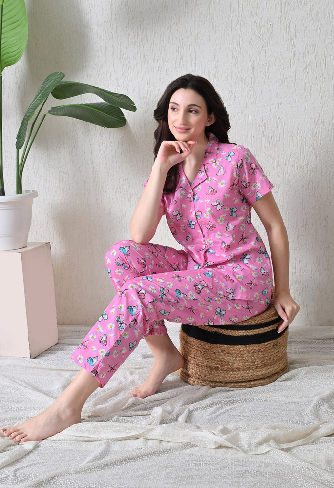 Pink Butterfly Cotton Night Suit