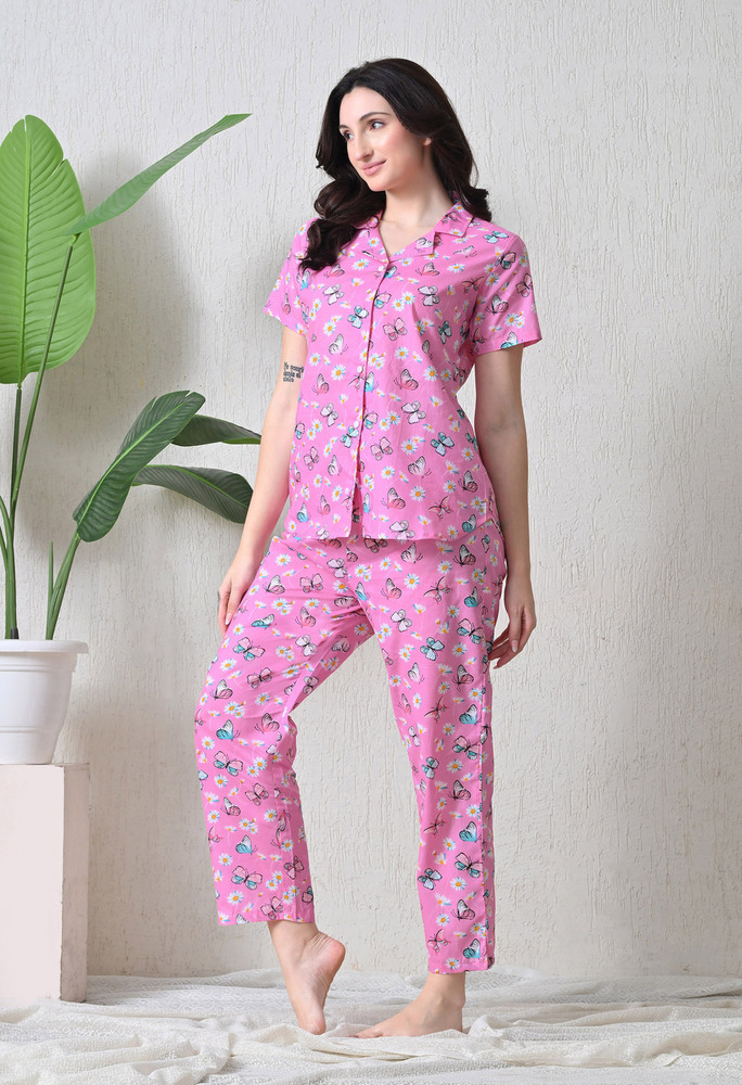 Pink Butterfly Cotton Night Suit