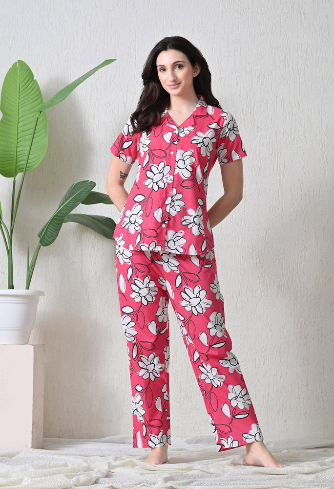 Red Floral Cotton Night Suit
