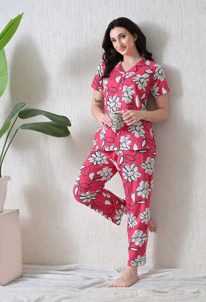 Red Floral Cotton Night Suit