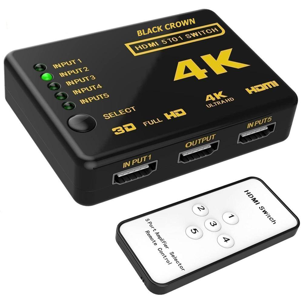 HDMI Switch 4K, 5 Ports Full HD 1080P Switcher Splitter with IR Remote Control 5 Input 1 Output