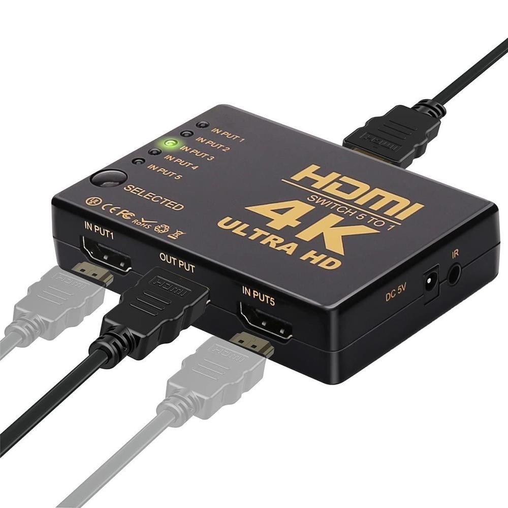 HDMI Switch 4K, 5 Ports Full HD 1080P Switcher Splitter with IR Remote Control 5 Input 1 Output