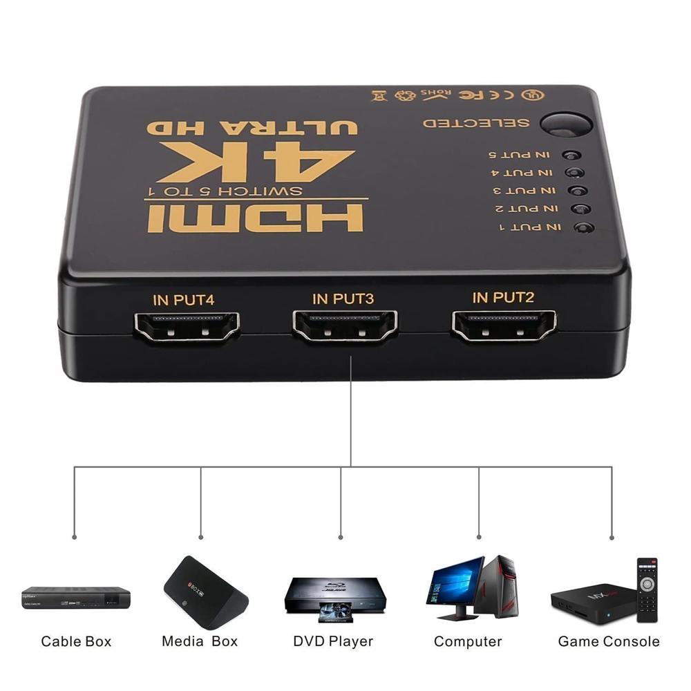 HDMI Switch 4K, 5 Ports Full HD 1080P Switcher Splitter with IR Remote Control 5 Input 1 Output