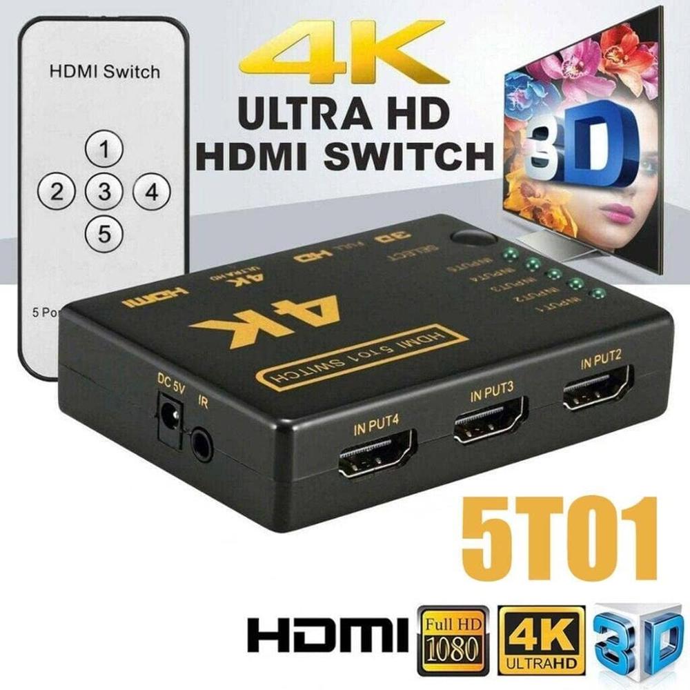 HDMI Switch 4K, 5 Ports Full HD 1080P Switcher Splitter with IR Remote Control 5 Input 1 Output