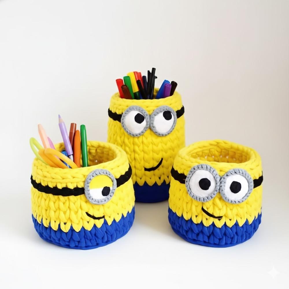 Minion Storage Basket - Cotton Material, 5.5x5.5 & 8x7 Inch Sizes | Cute Round Design, Yellow And Blue, Handle-free