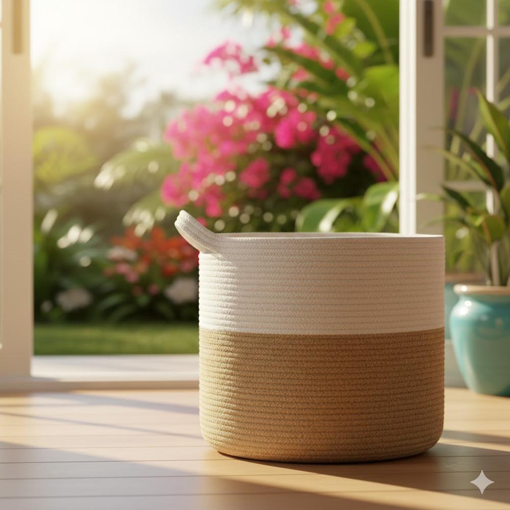 Natural and White Jute and Cotton Storage  Basket