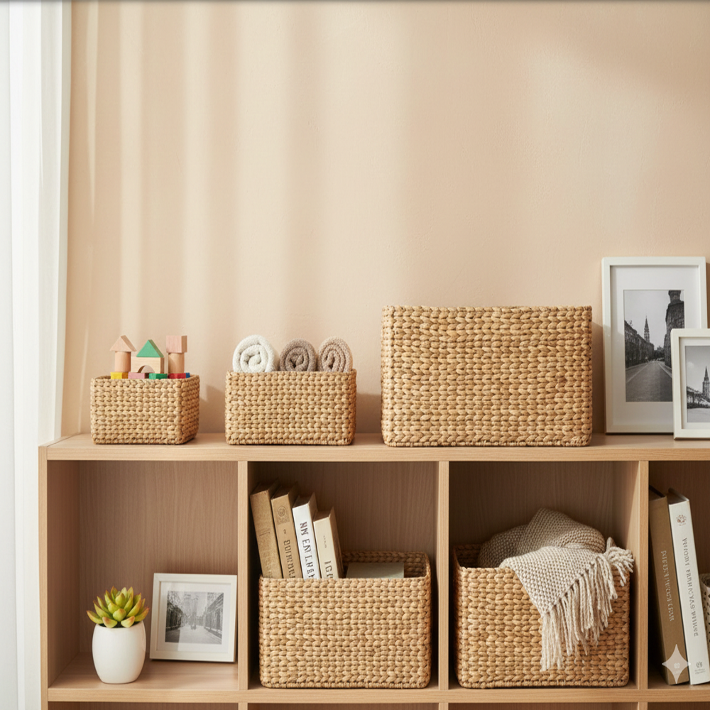 Kauna Storage Basket - Kauna Grass, 4 Sizes, Natural Color, Square Shape | Organic Material, Indian Style, Versatile Organizers