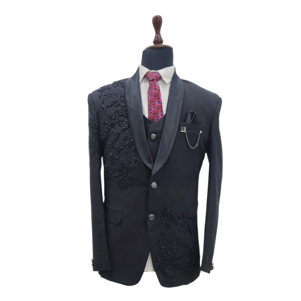 Mens Handwork Embroidery 3 Piece Suit - Color: Black