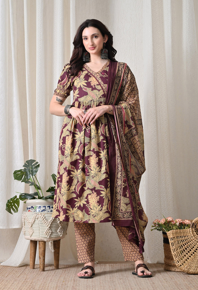 Brown Angrakha Kurti Pant Set