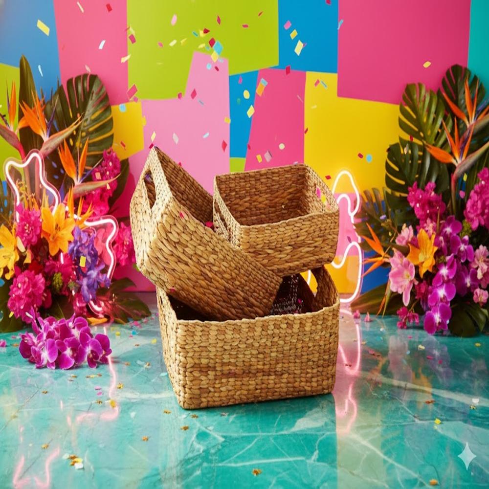Multipurpose Storage Basket - Kauna Grass, Square Shape, Natural Color | Indian Style With Handle Holes, Organic Material