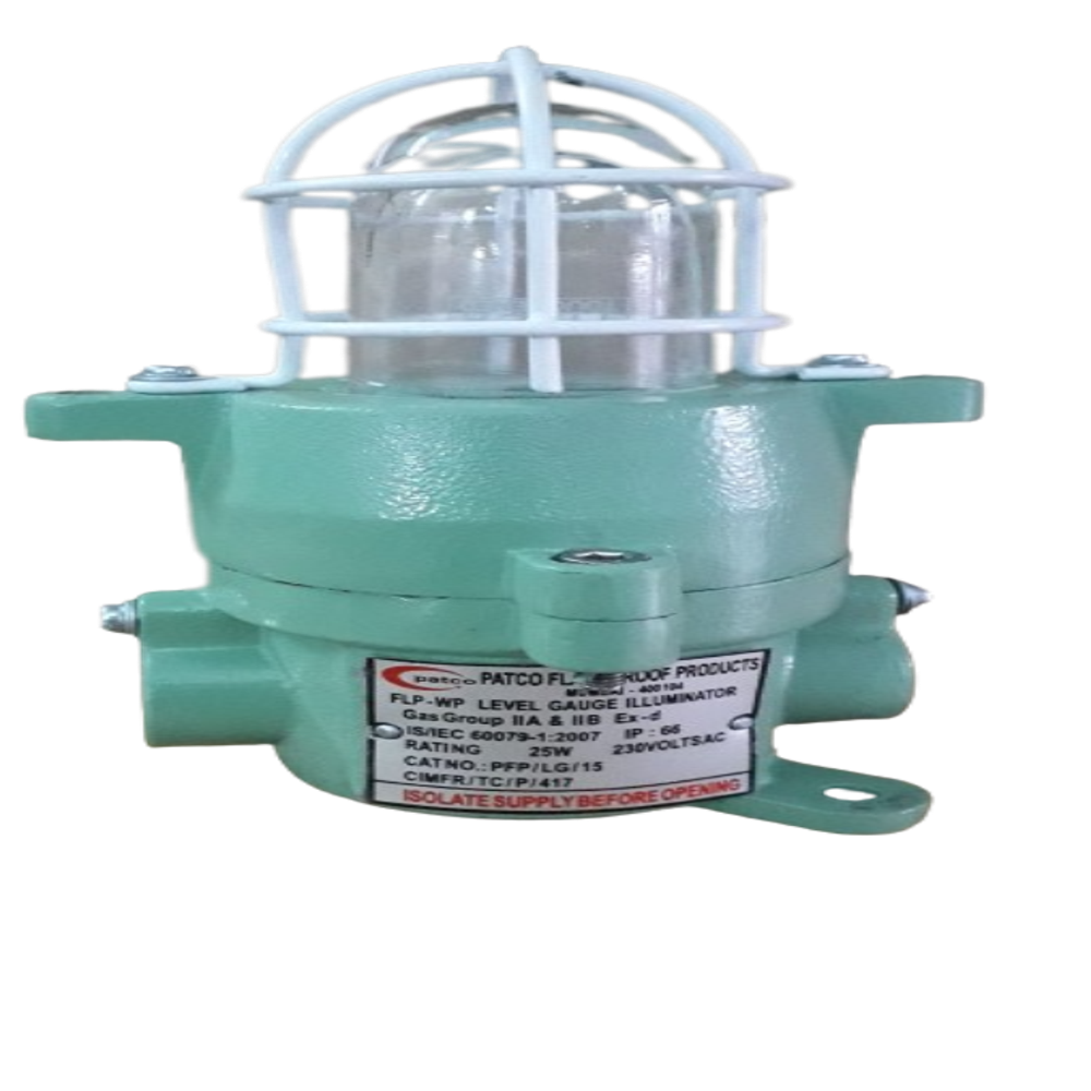 Flameproof Level Gauge Illuminator - Die Cast Aluminum Alloy Lm6, 15w Power, Ip-65 Ingress Protection, Toughened Glass E-27 | Features: External And Internal Earthing, Enclosed Break Porcelain Lamp Holder, M.s. White Powder Coated Wire Guard