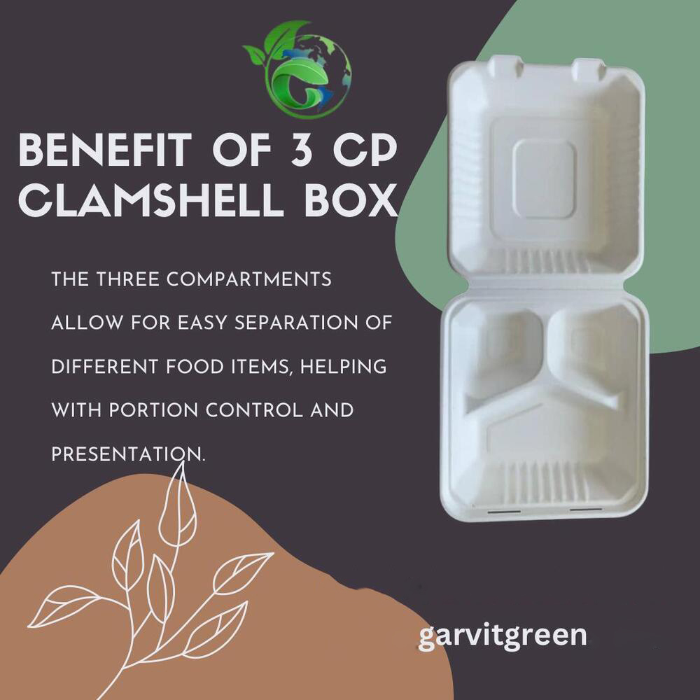 8 X 8 Inch 3 Compartment Bagasse Clamshell Box - Color: White