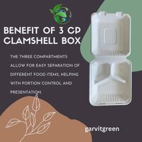 8 X 8 Inch 3 Compartment Bagasse Clamshell Box - Color: White