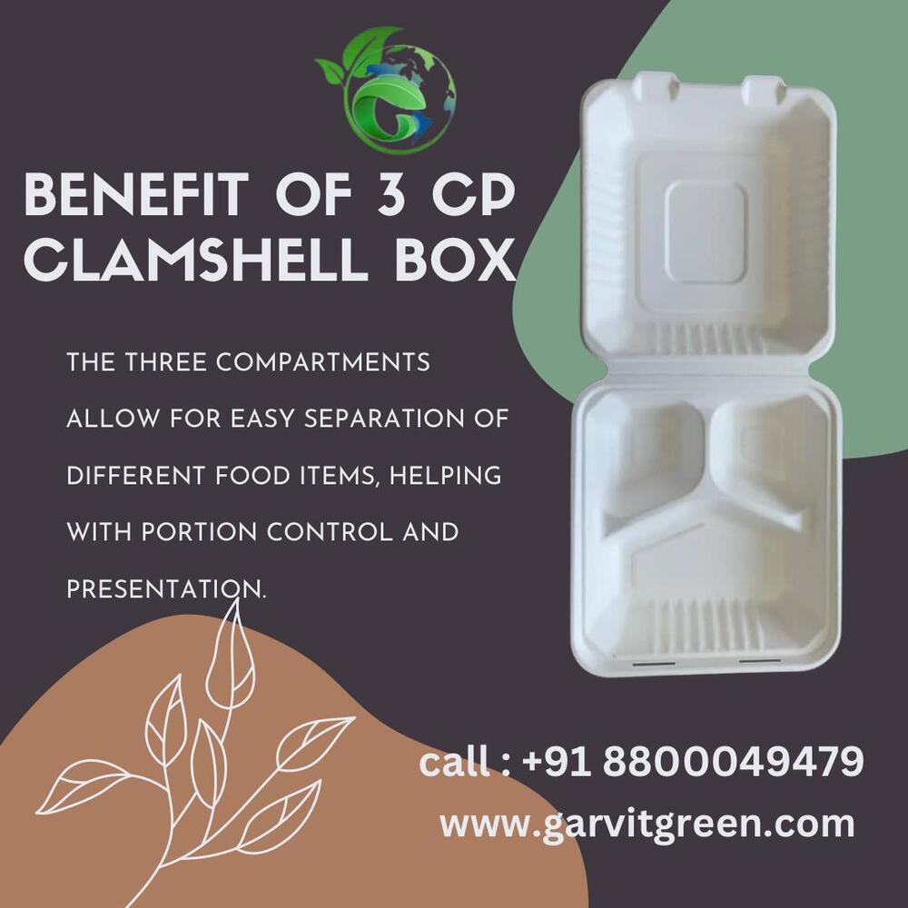 8 X 8 Inch 3 Compartment Bagasse Clamshell Box - Color: White at Best ...