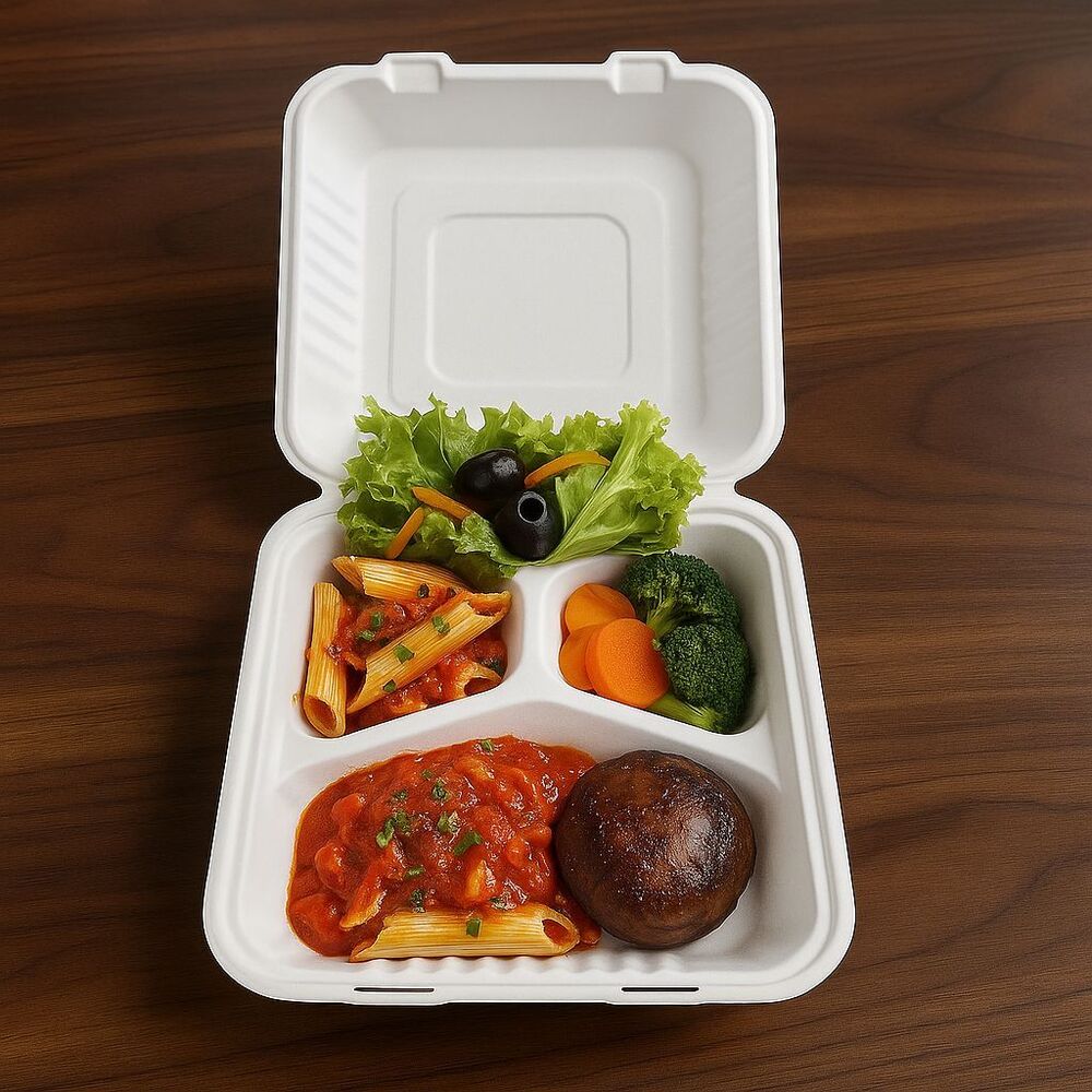 8 X 8 Inch 3 Compartment Bagasse Clamshell Box - Color: White at Best ...