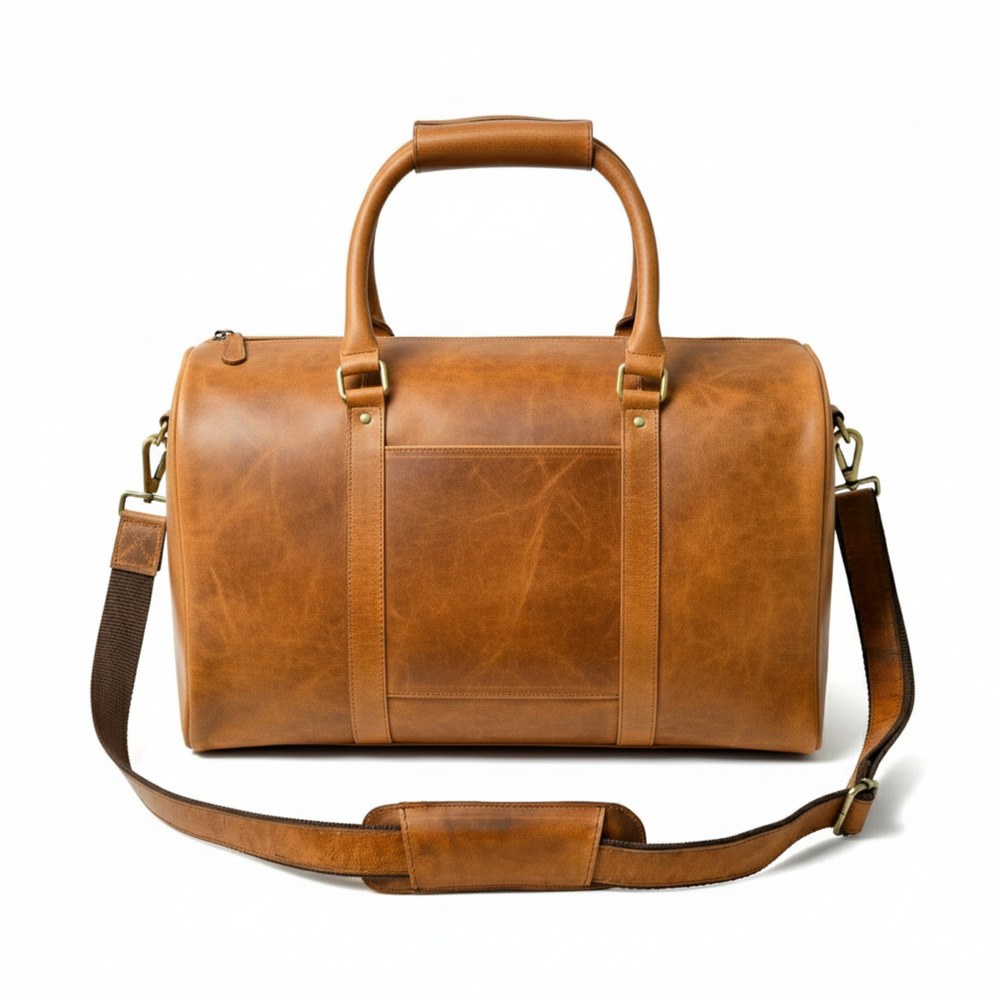 Tan Brown  Crunch Leather Weekender Bag