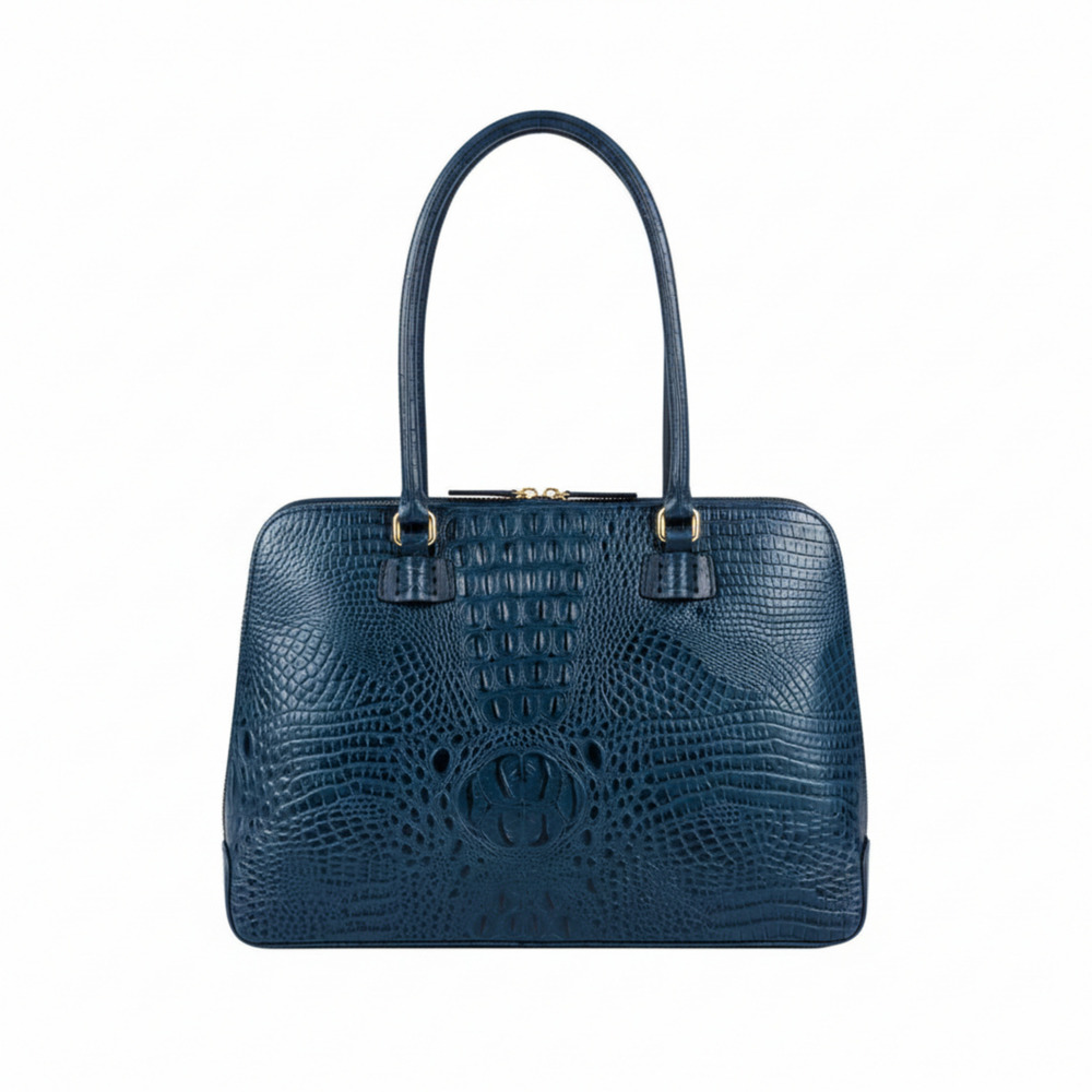 Navy Blue Embossed Leather Shoulder Bag