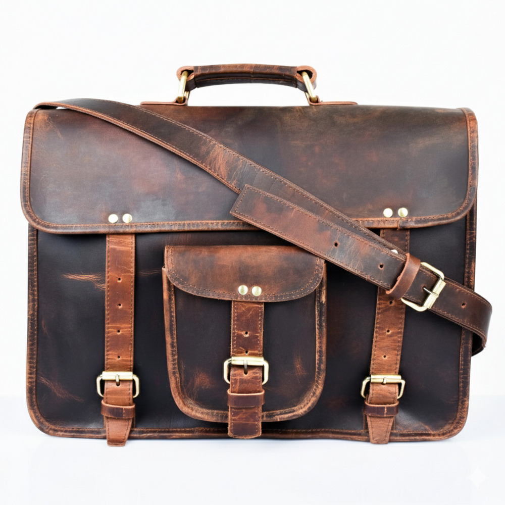 Vintage Leather Briefcase With Front Pockets