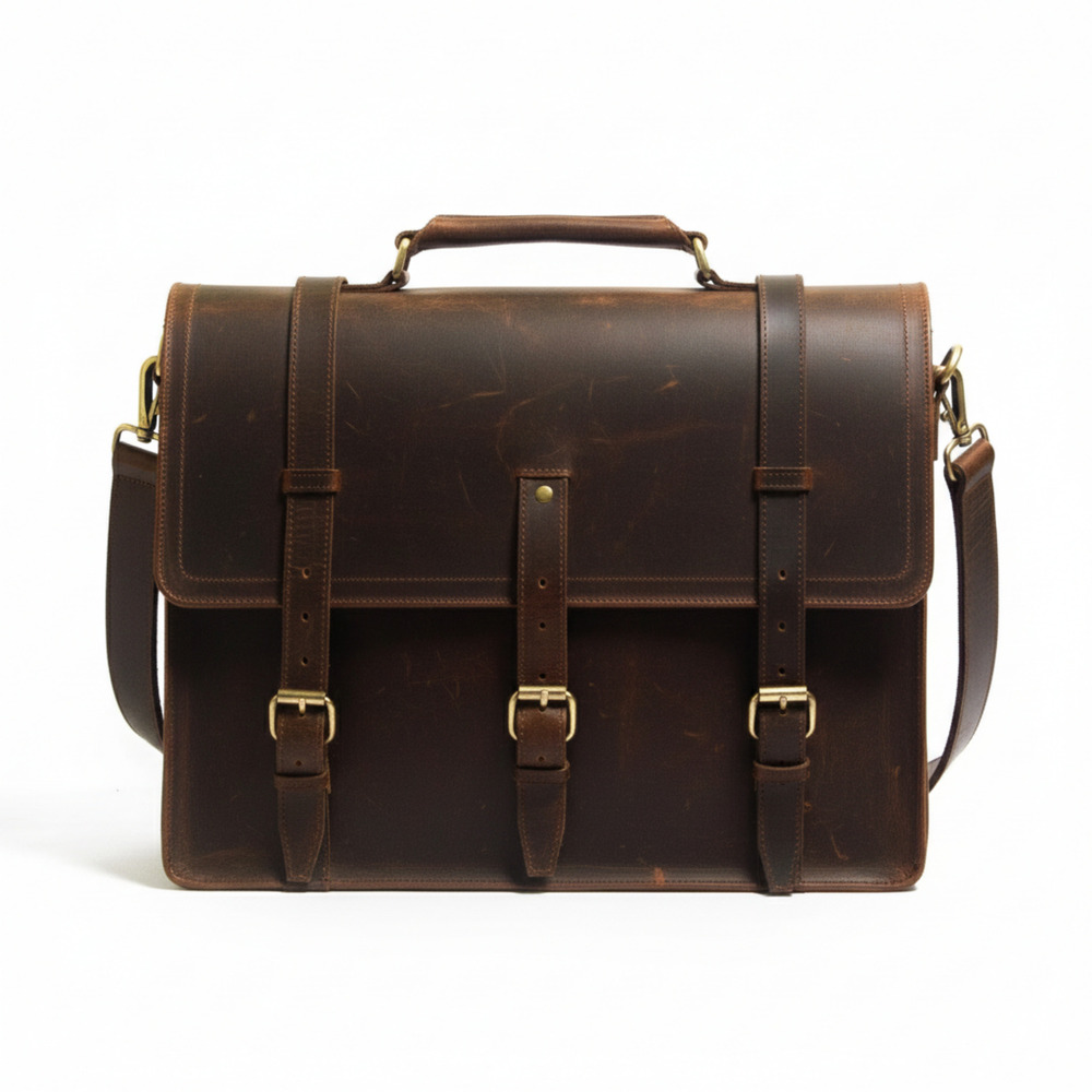 Vintage Finish Large Leather Messenger Briefcase