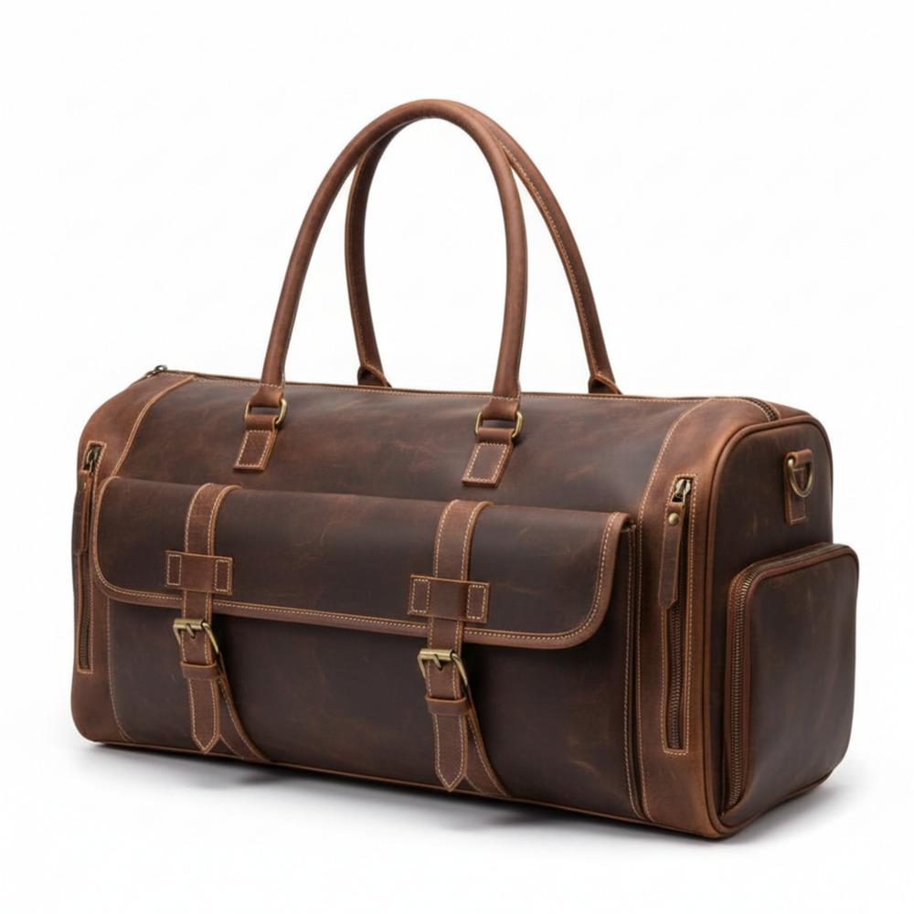 Vintage Brown Large Leather Travel Duffle Bag With Front Pocket
