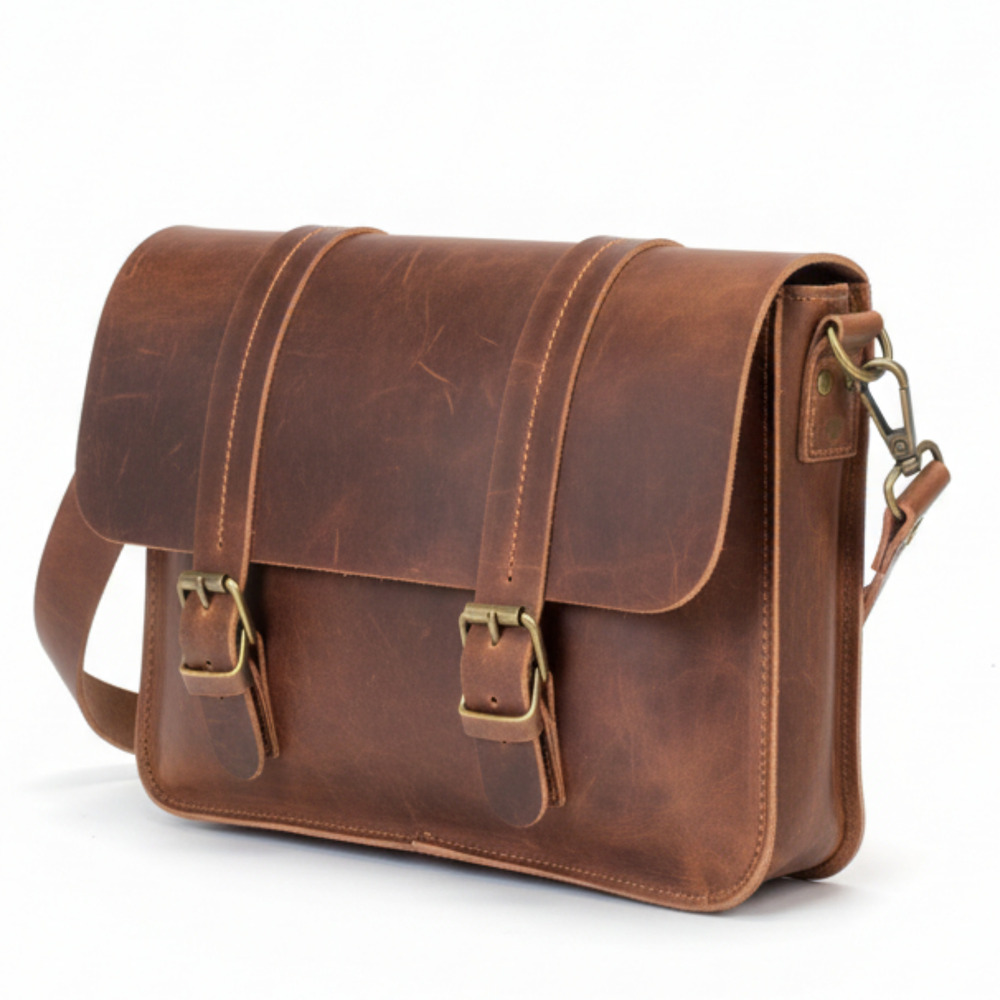 Double Buckle Vintage Leather Satchel Bag