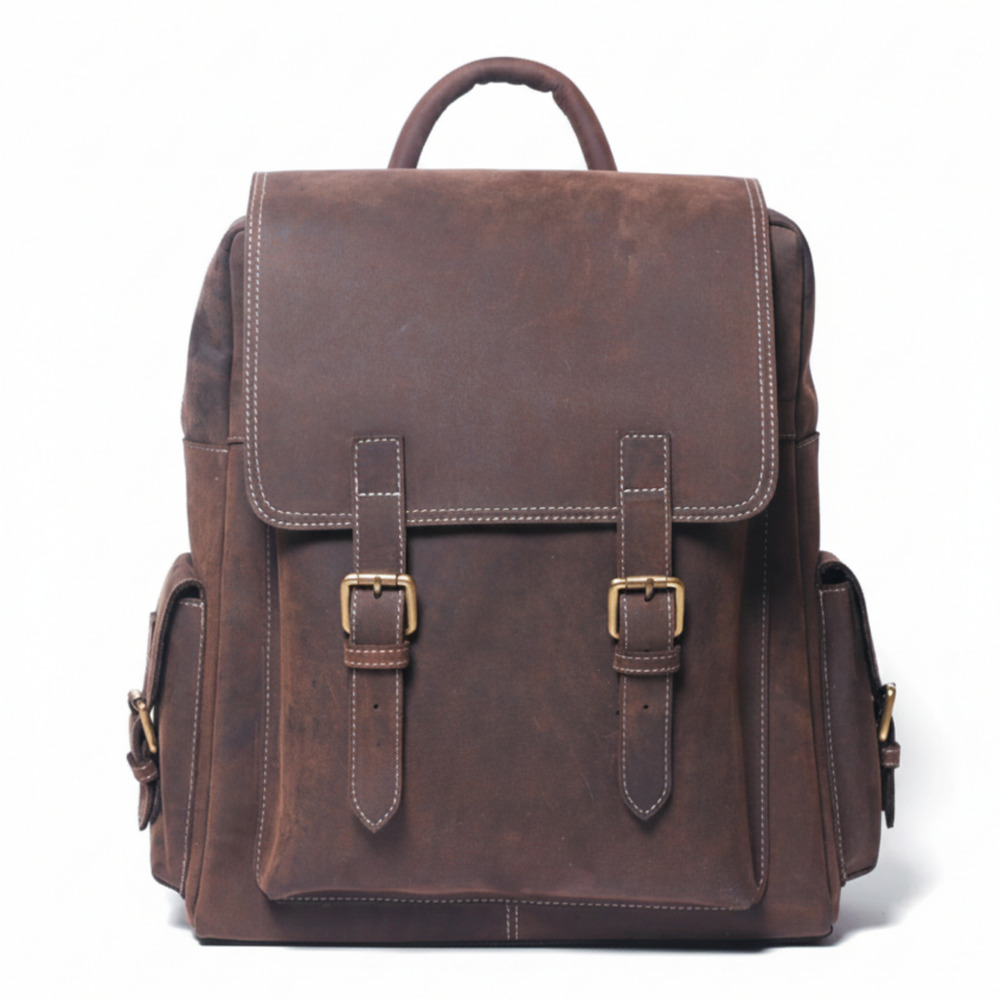 Brown Vintage Leather Backpack With Front Buckles