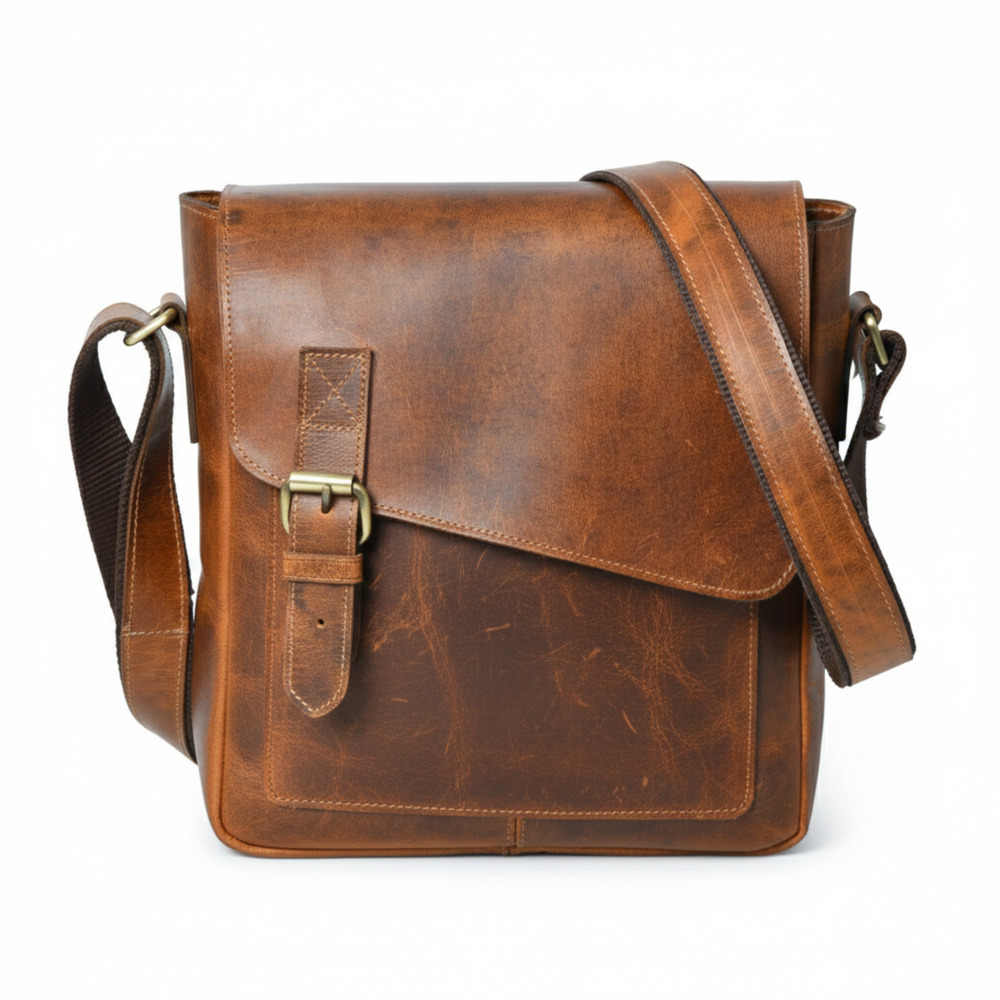 Vintage Leather Crossbody Satchel   Buckle Lock