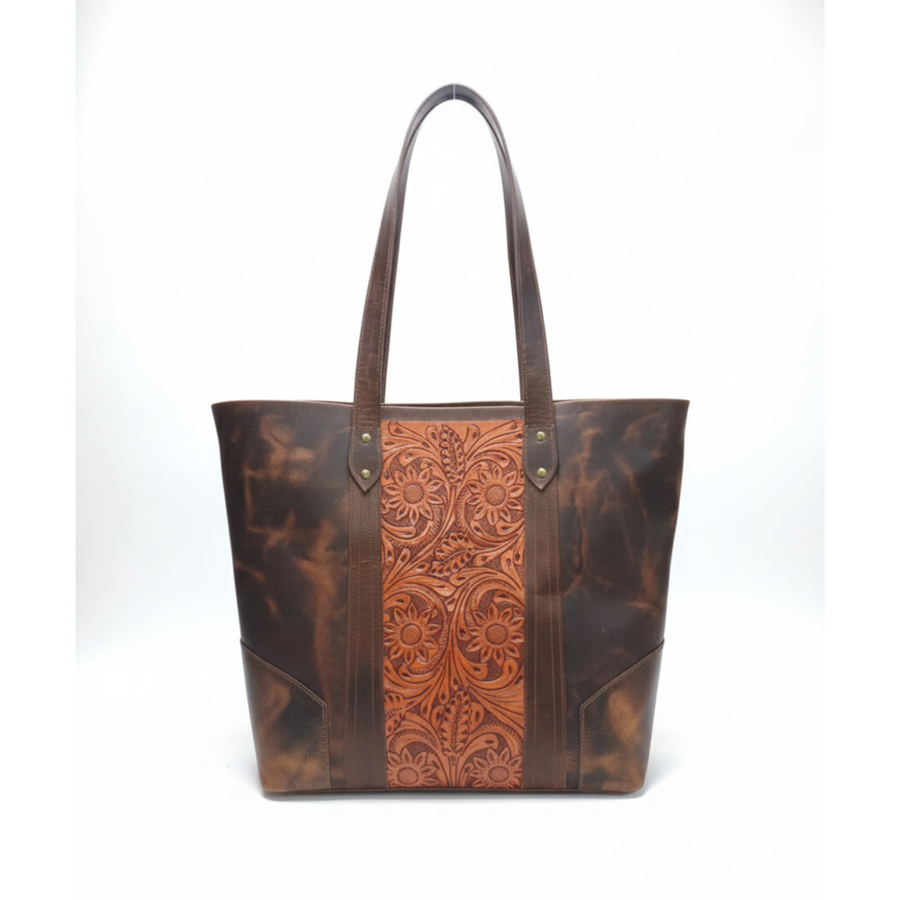 Vintage Finish Hand-Tooled Leather Tote Bag