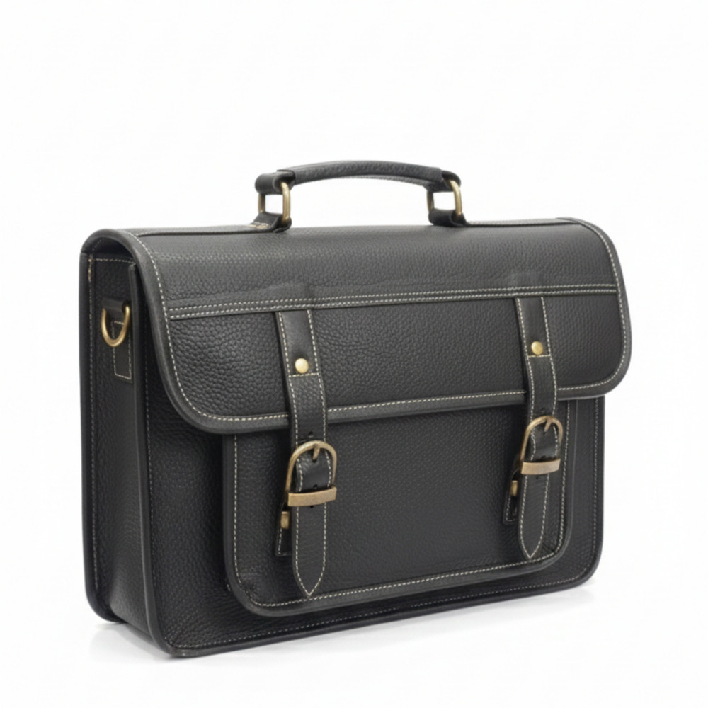 Black Leather Briefcase With Contrast Stitching