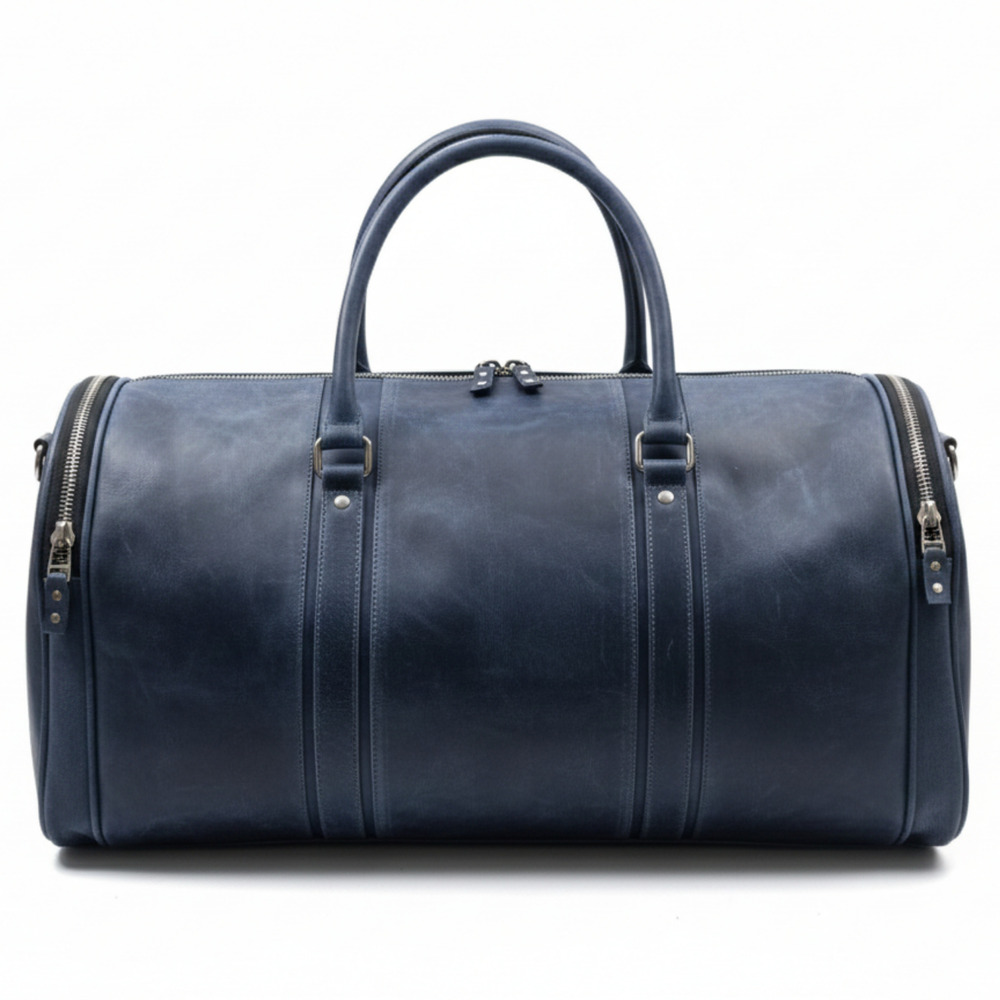 Navy Blue   Leather Weekend Duffle Bag