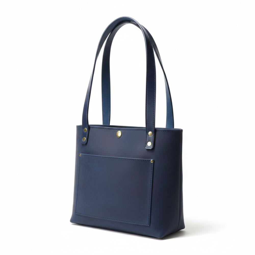 Navy Blue Leather Tote Bag With Front Pocket