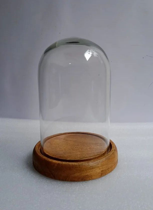 Glass Dome With Wooden Base - Transparent Durable Glass, Polished Finish, Round Shape, Indian Regional Style | Elegant Display Solution For Home Decor