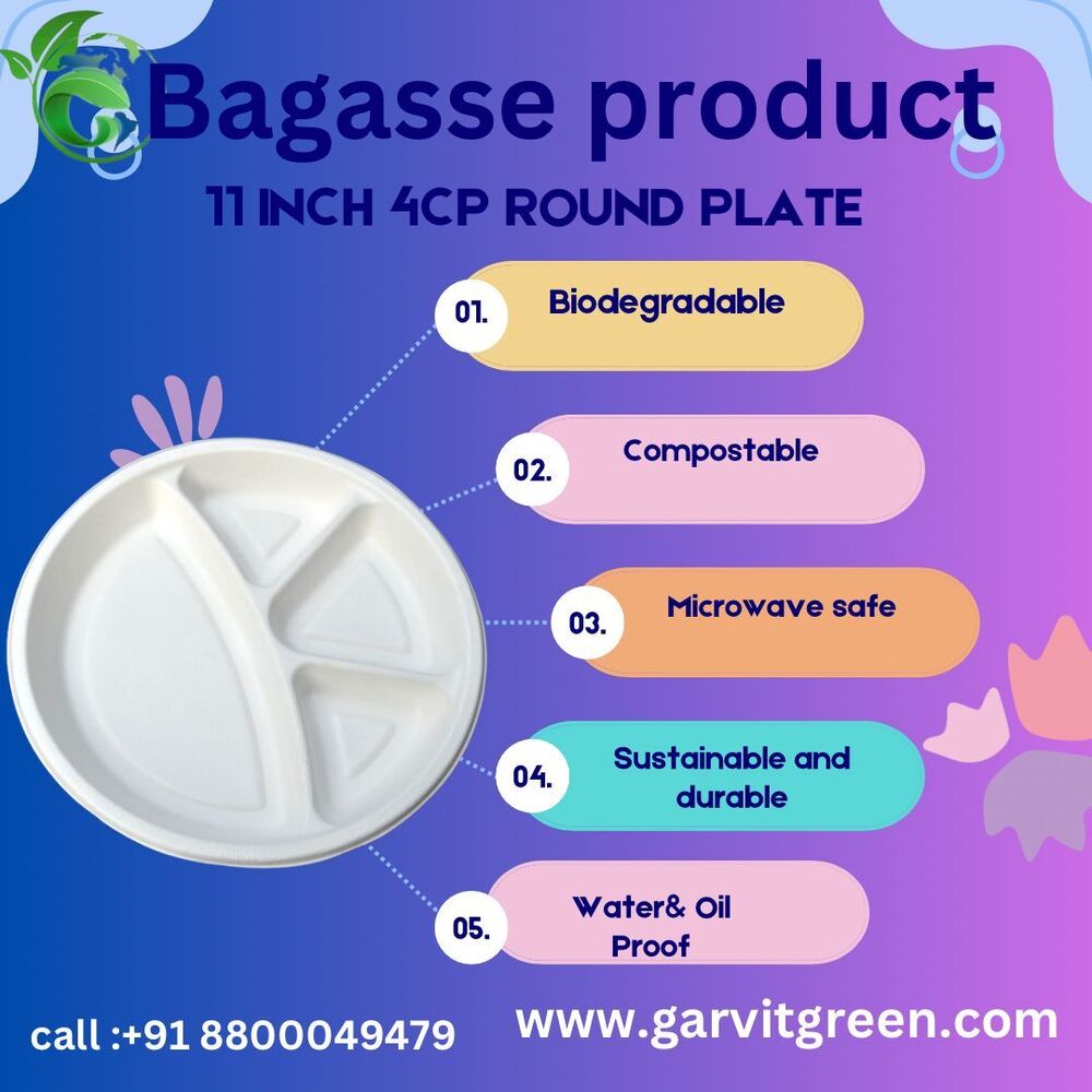 Compartment Biodegradable Plate With Lid - 11 Inch 4cp, Eco-friendly Bagasse Material, Durable & Food Safe