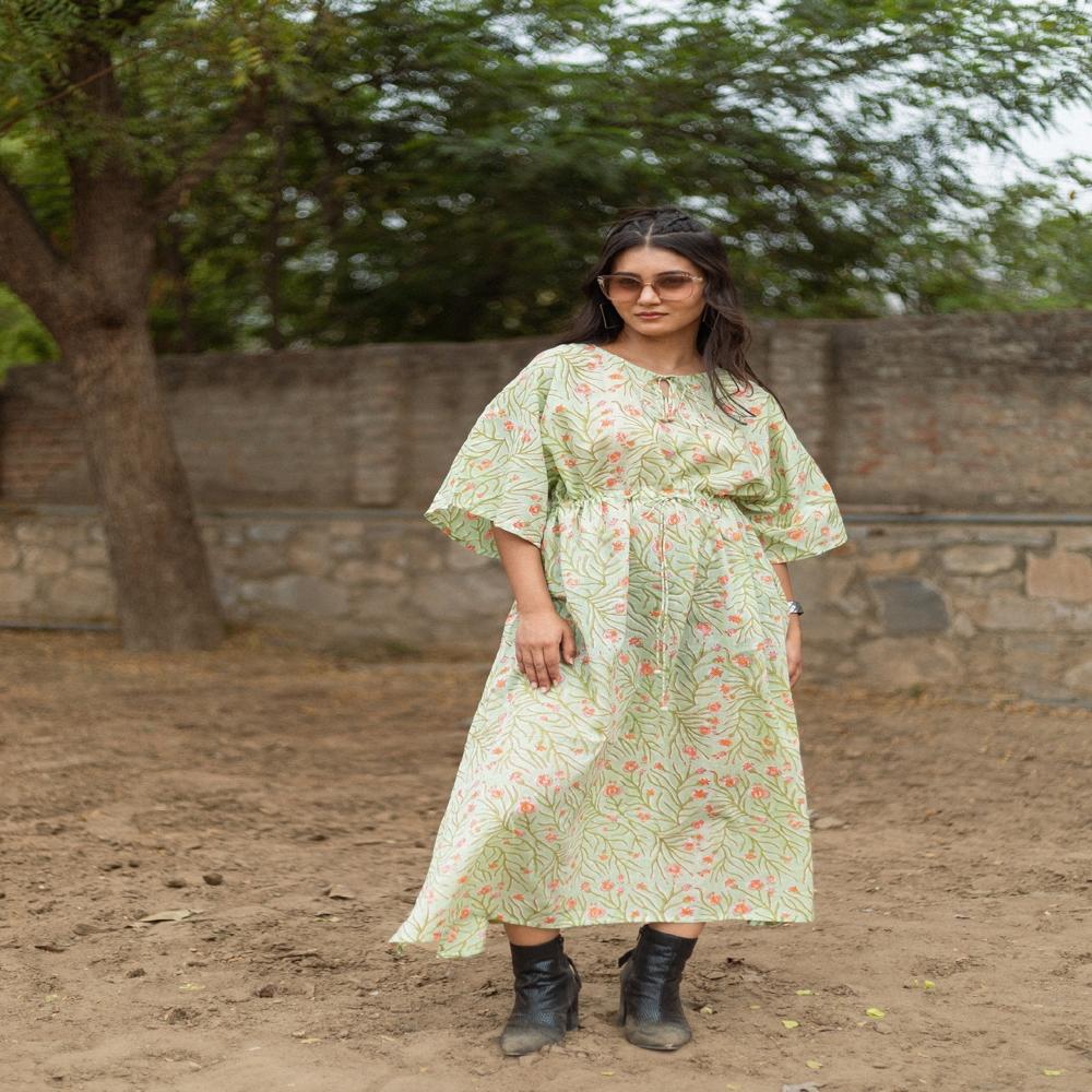 Ladies Light Green Block Printed Cotton Dress