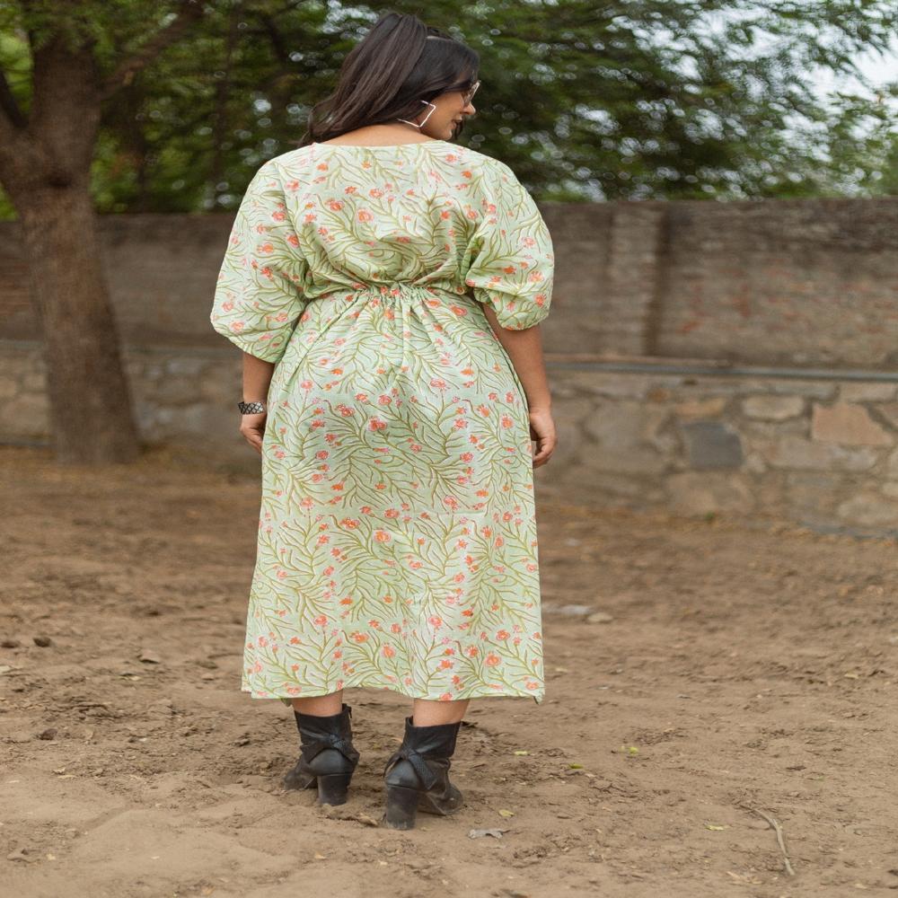 Ladies Light Green Block Printed Cotton Dress