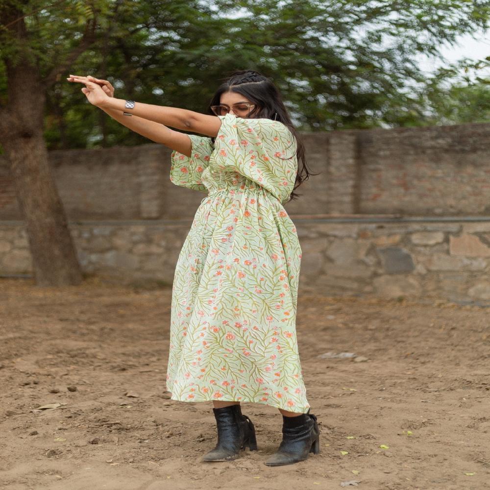 Ladies Light Green Block Printed Cotton Dress