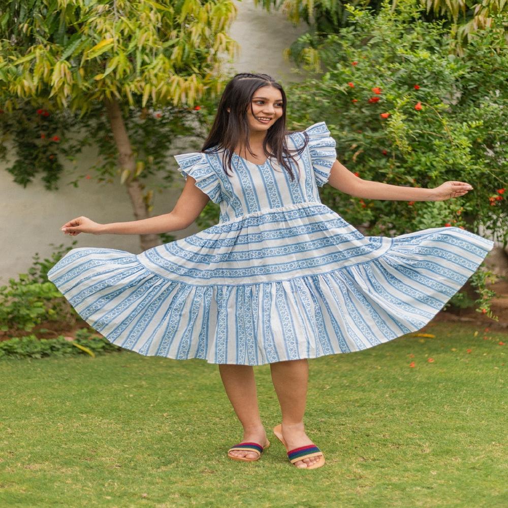 Ladies Blue Striped Cotton Dress