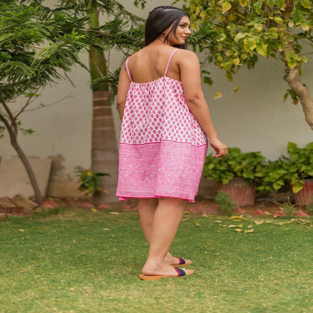 Ladies Pink Printed Cotton Dress