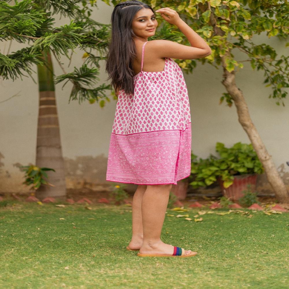Ladies Pink Printed Cotton Dress