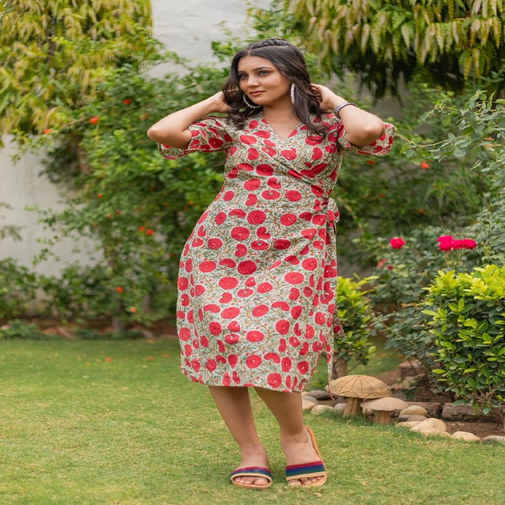 Ladies Floral Block Printed Cotton Dress - Design: Fashionable